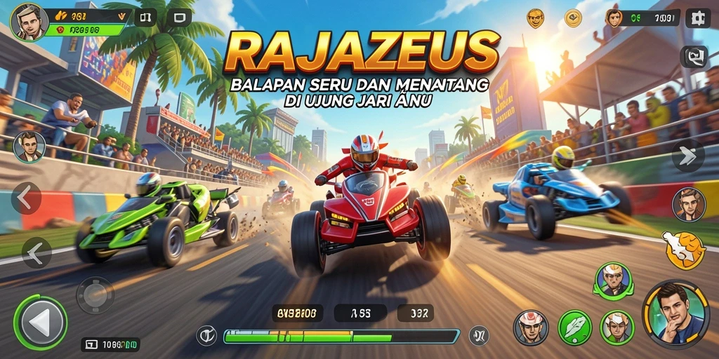 Screenshot gameplay RAJAZEUS menampilkan aksi balapan yang intense dan mendebarkan.